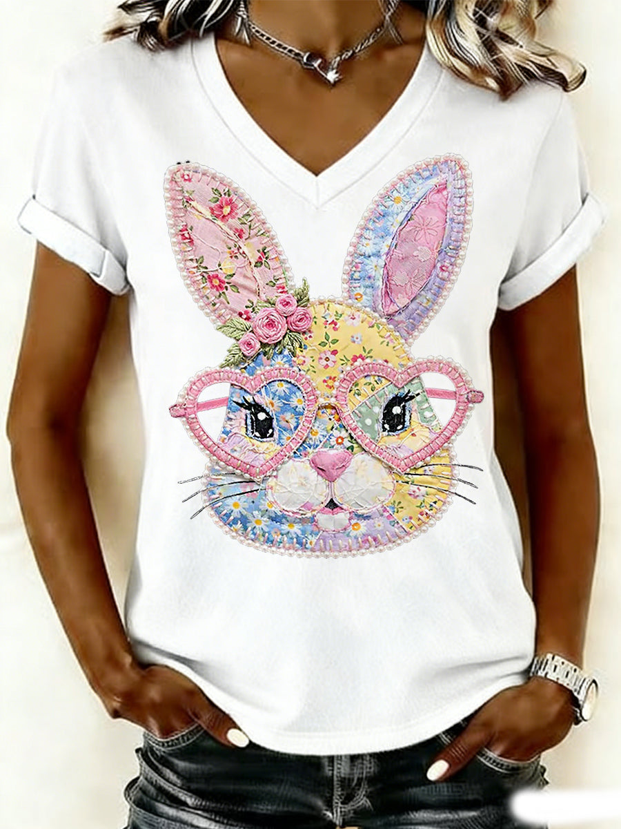Women's Easter Floral Bunny Patchwork Print Casual V-Neck Tee