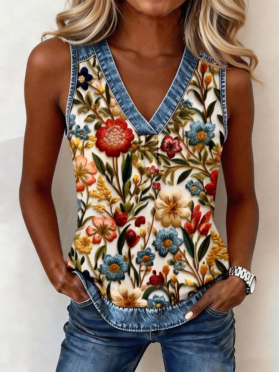 Women's Retro Floral Embroidery Pattern Denim Patchwork Top