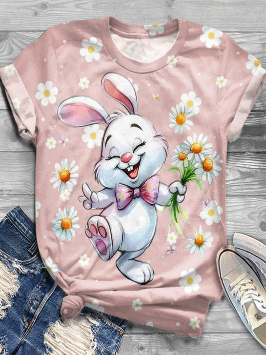 Easter Day Cute Bunny Print Crew Neck T-shirt