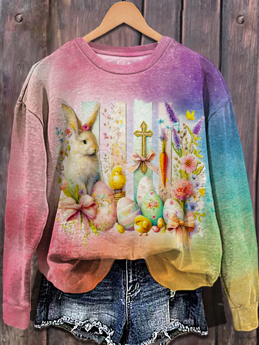 Cottagecore Easter Collage Printed Long Sleeve Casual Top