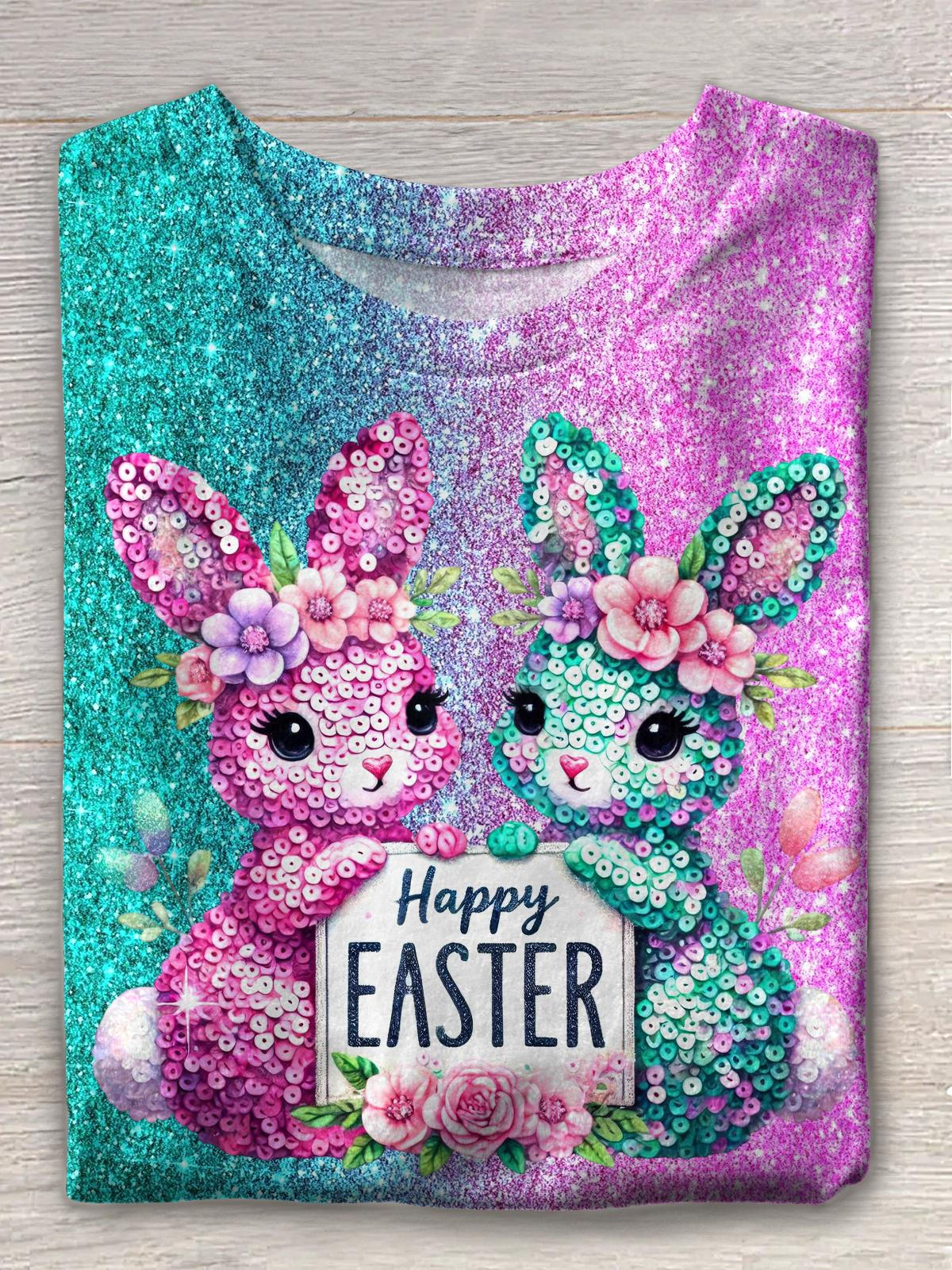 Easter Day Sequined Bunny Crew Neck T-shirt