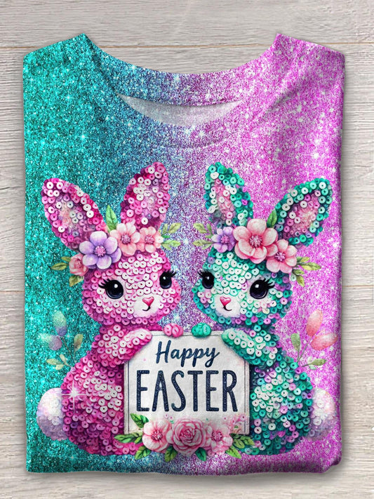 Easter Day Sequined Bunny Crew Neck T-shirt