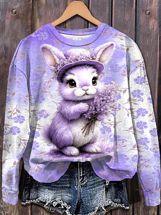 Floral Easter Bunny Print Long Sleeve Casual Top