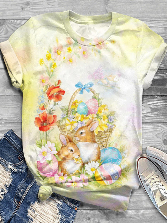 Easter Day Cute Bunny Print Crew Neck T-shirt
