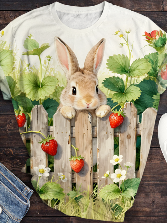 Easter Strawberry Bunny Flower Crew Neck T-shirt