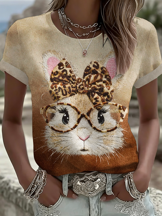 Happy Easter Leopard Bunny Crew Neck T-shirt