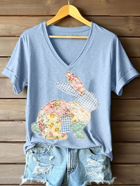 Women's Cute Bunny Patchwork Pattern V-Neck T-Shirt
