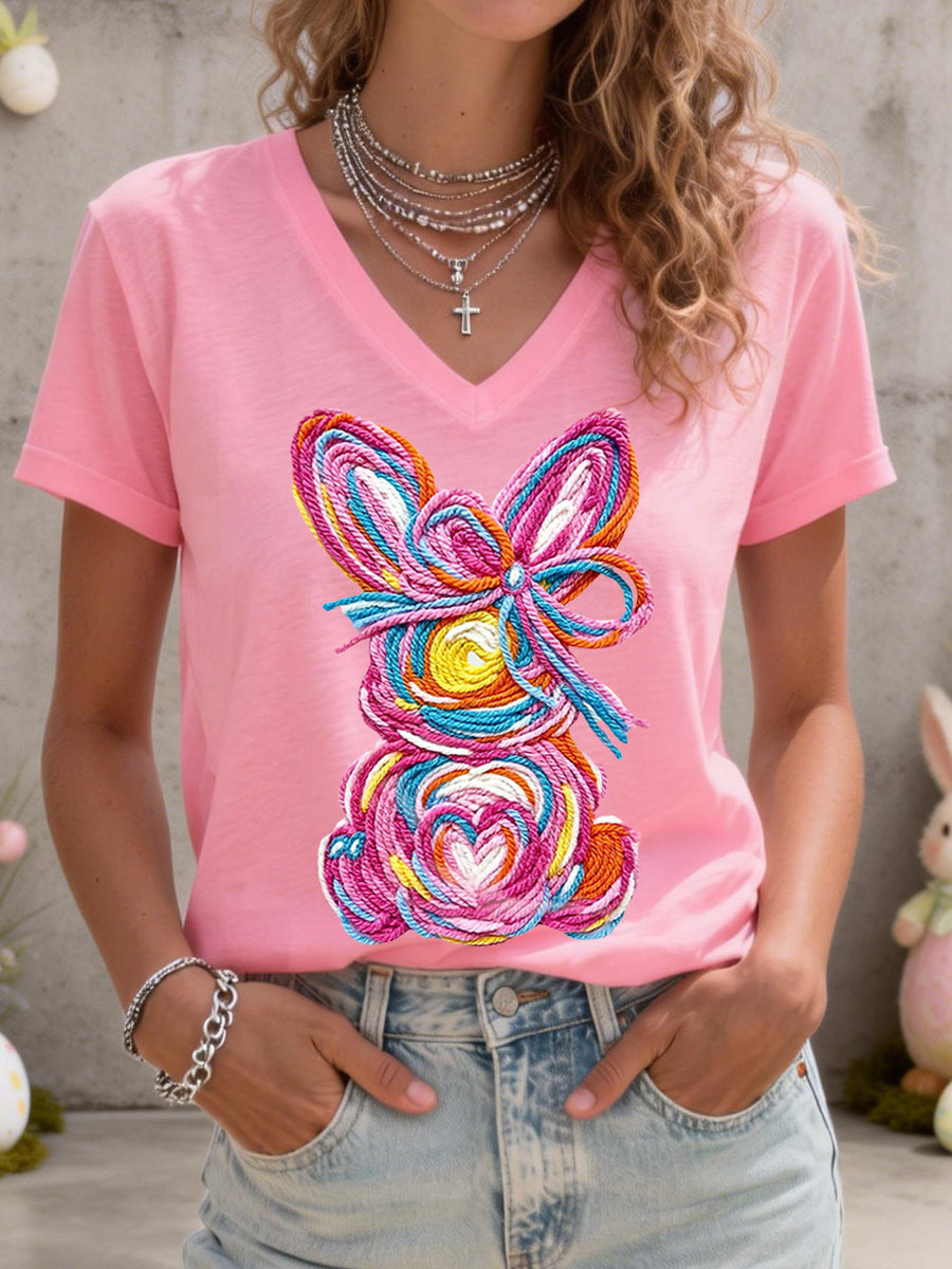 Women's Cute Bunny Pattern V-Neck T-Shirt
