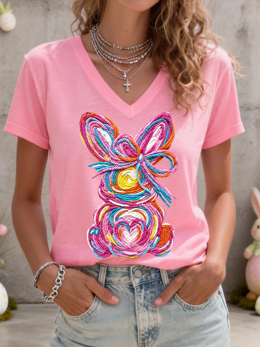 Women's Cute Bunny Pattern V-Neck T-Shirt
