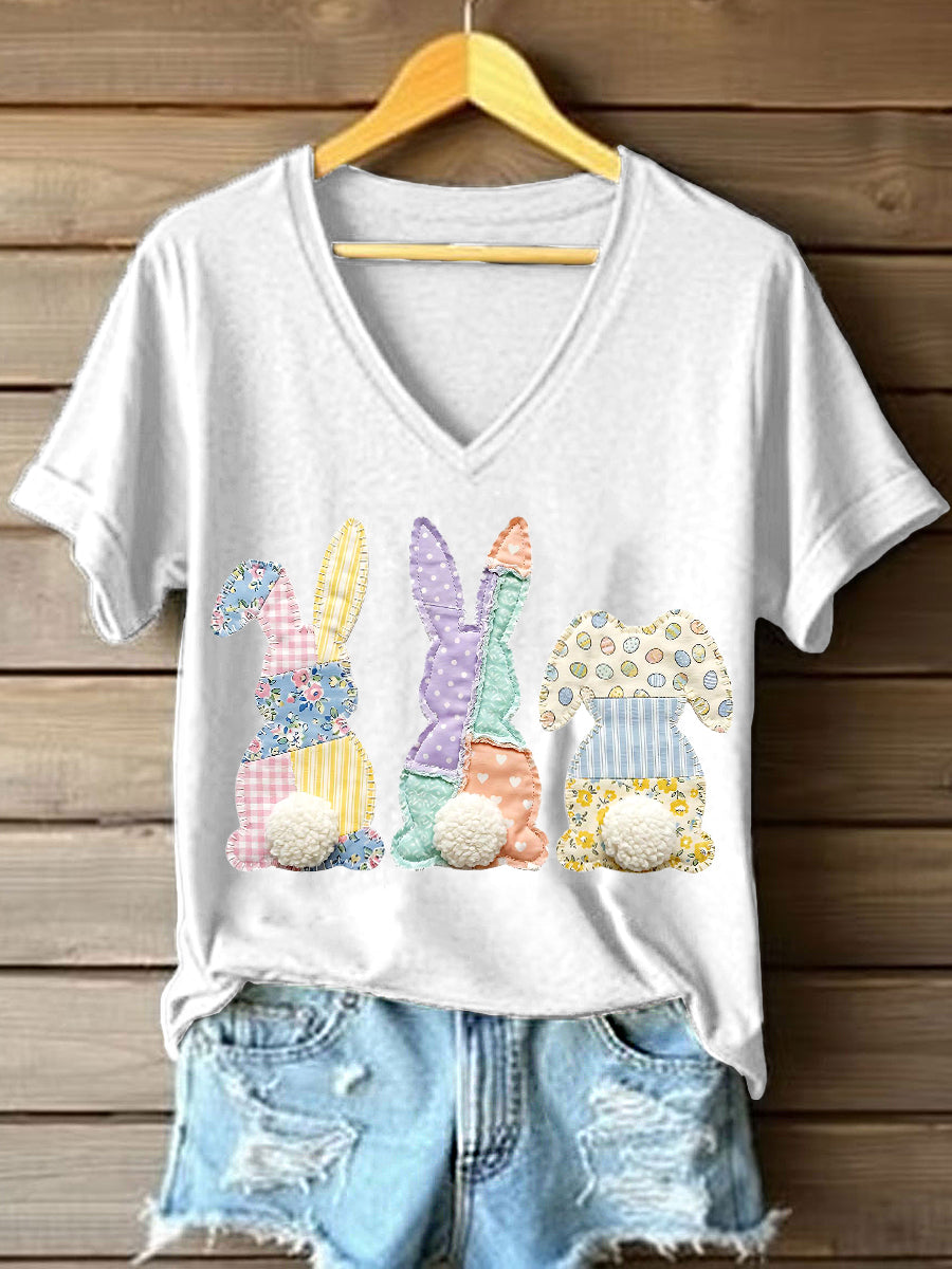 Women's Patchwork Art Bunny Pattern V-Neck T-Shirt