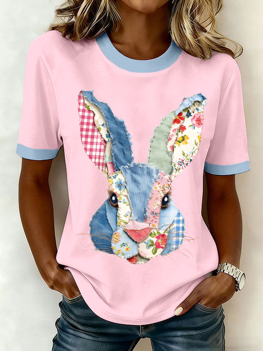 Women's Patchwork Art Bunny Pattern T-Shirt