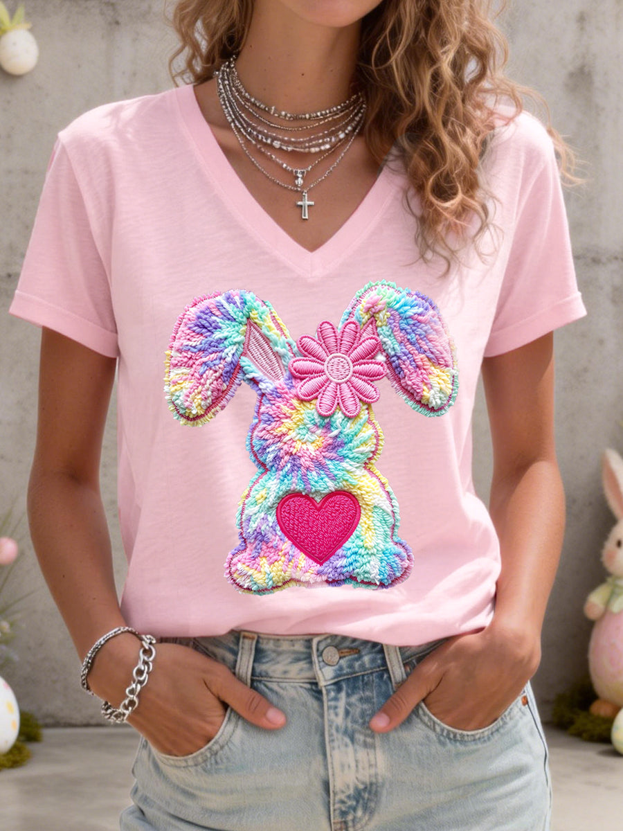 Women's Cute Bunny Pattern V-Neck T-Shirt