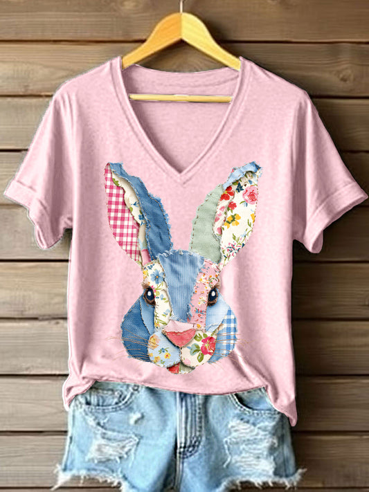 Women's Cute Bunny Patchwork Pattern V-Neck T-Shirt