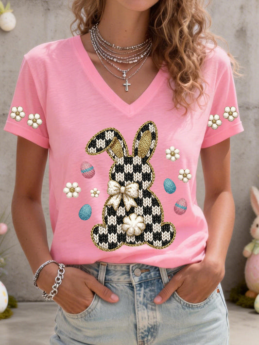 Women's Cute Bunny Pattern V-Neck T-Shirt