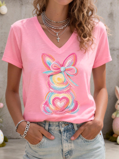 Women's Cute Bunny Pattern V-Neck T-Shirt