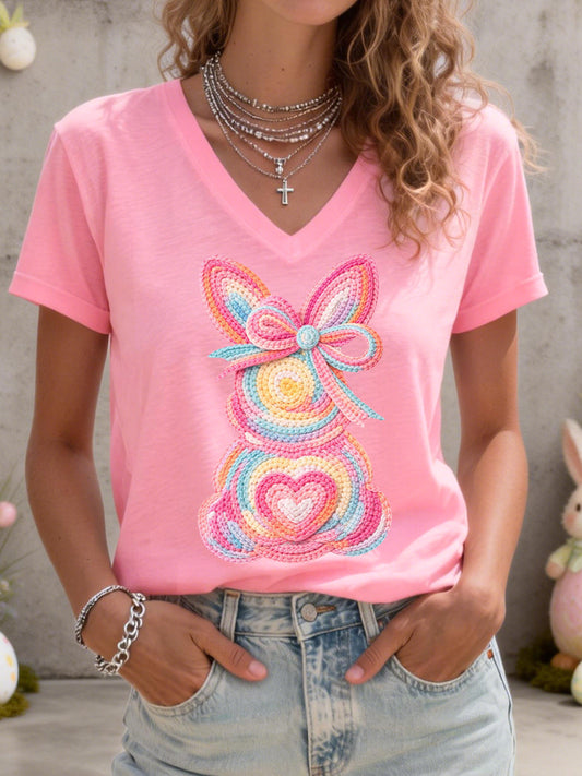 Women's Cute Bunny Pattern V-Neck T-Shirt