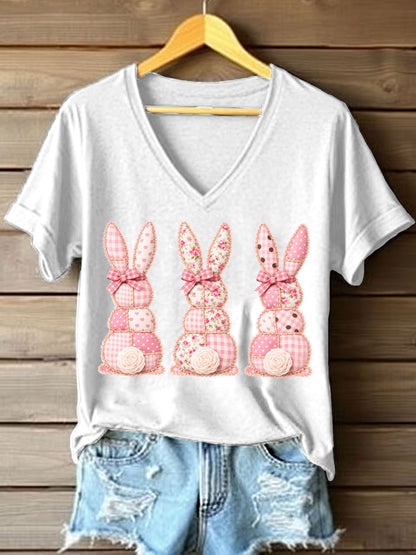 Women's Cute Bunny Patchwork Pattern V-Neck T-Shirt
