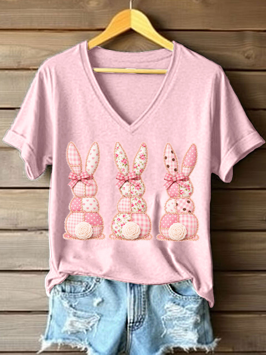 Women's Cute Bunny Patchwork Pattern V-Neck T-Shirt