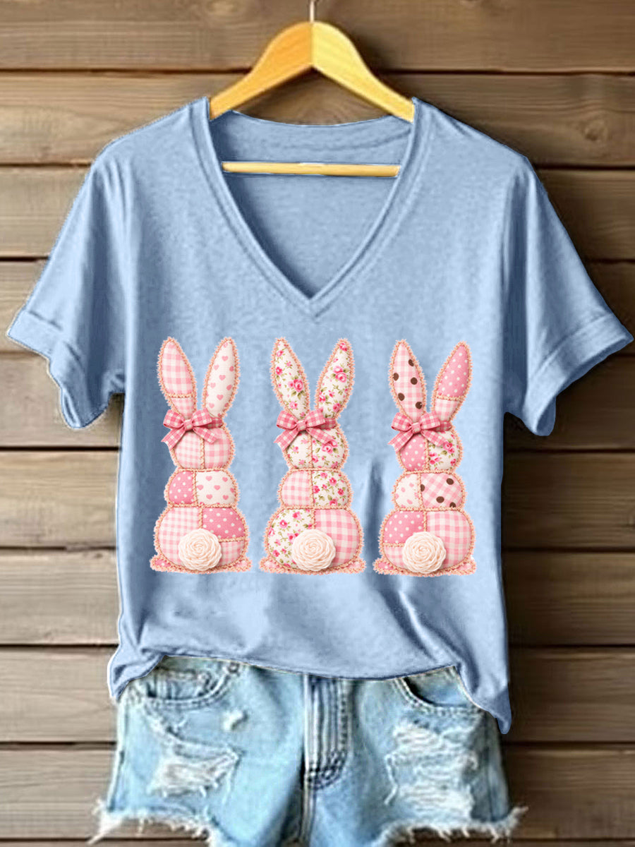 Women's Cute Bunny Patchwork Pattern V-Neck T-Shirt