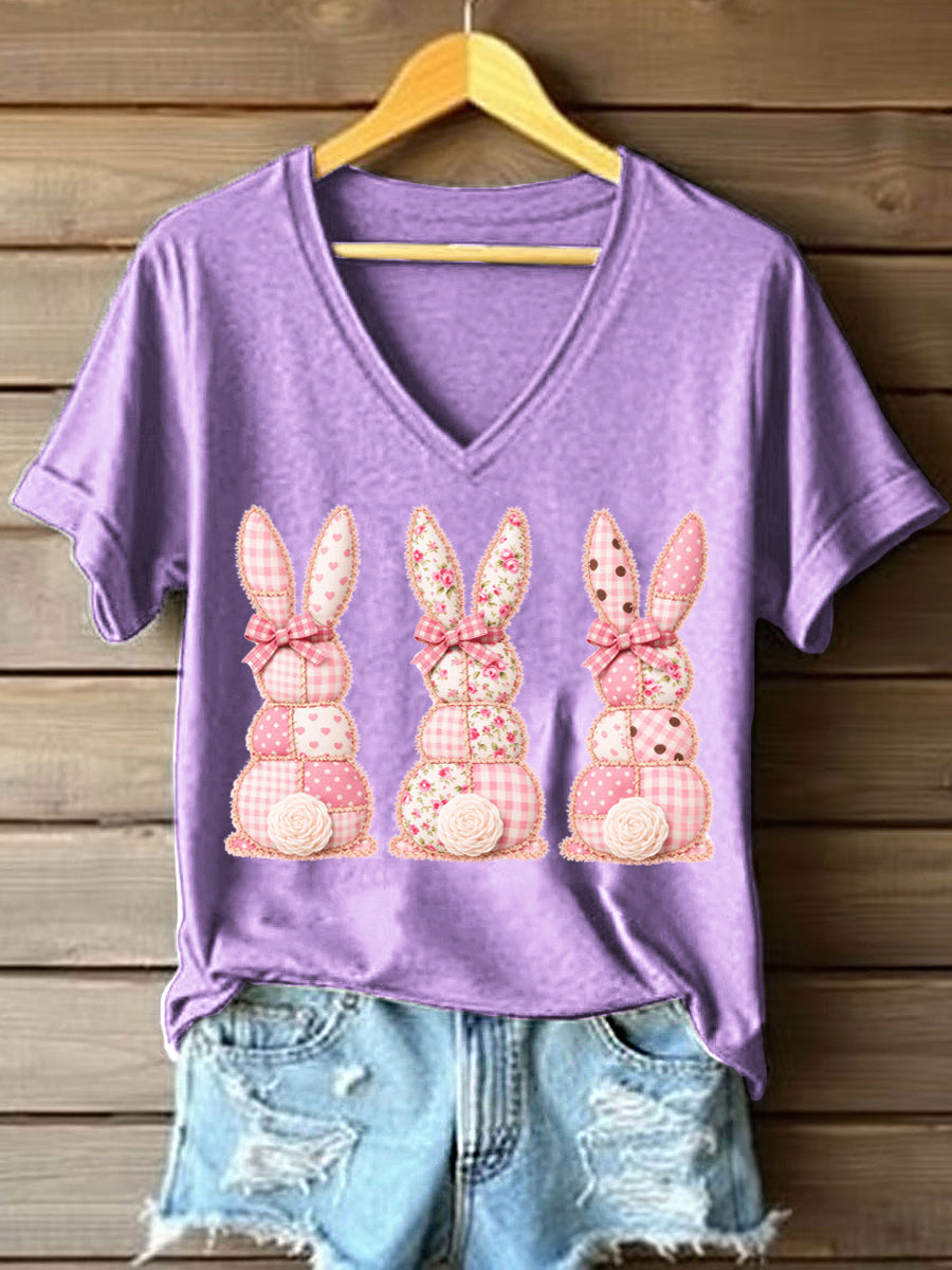 Women's Cute Bunny Patchwork Pattern V-Neck T-Shirt