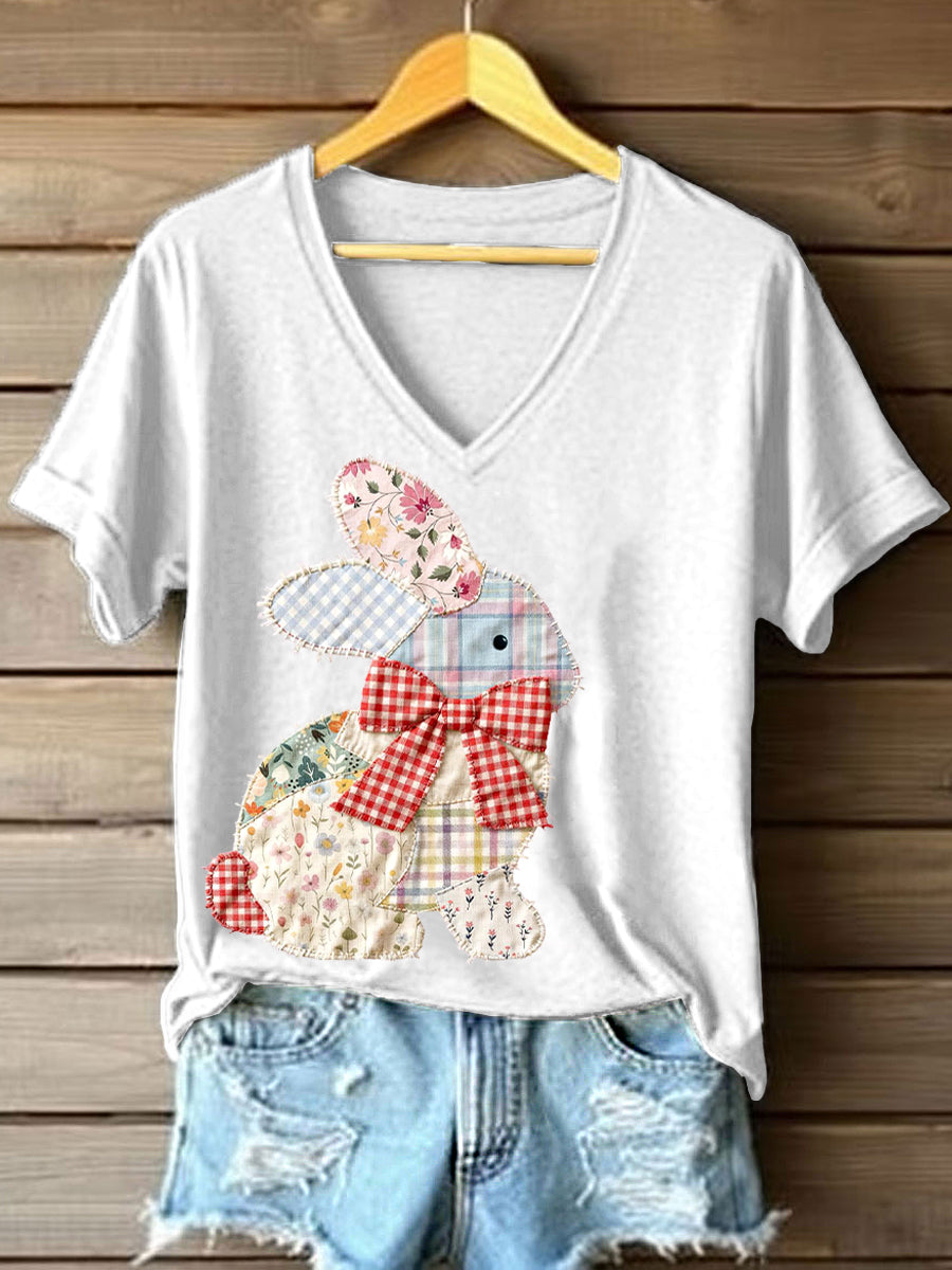 Women's Vintage Patchwork Bunny Pattern V-Neck T-Shirt