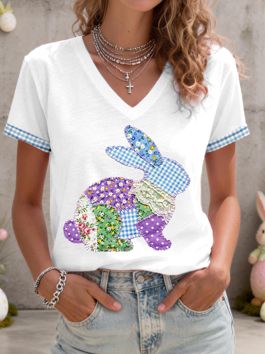 Women's Cute Bunny Patchwork Pattern V-Neck T-Shirt