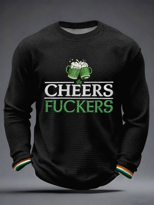 Men's Funny St. Patrick's Day Cheers F*ckers Green Beer Print Casual Waffle Long Sleeve T-Shirt