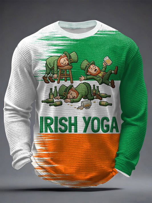 Men's Funny St. Patrick's Day Irish Yoga Print Casual Waffle Long Sleeve T-Shirt