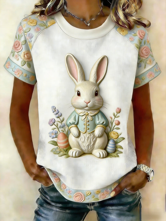 Women's Retro Cute Bunny Easter Casual Short-Sleeve T-Shirt