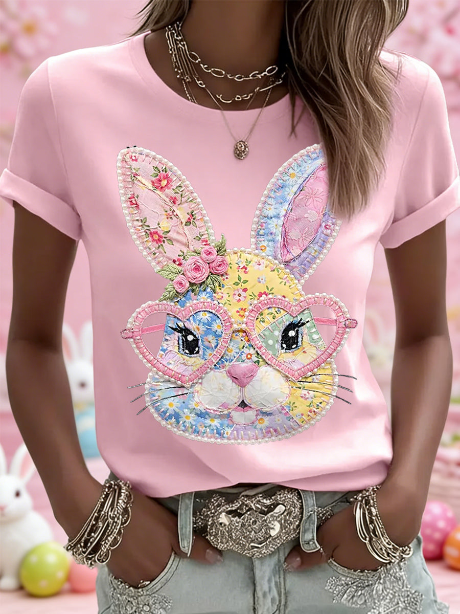 Women's Easter Floral Bunny Patchwork Print Casual Tee