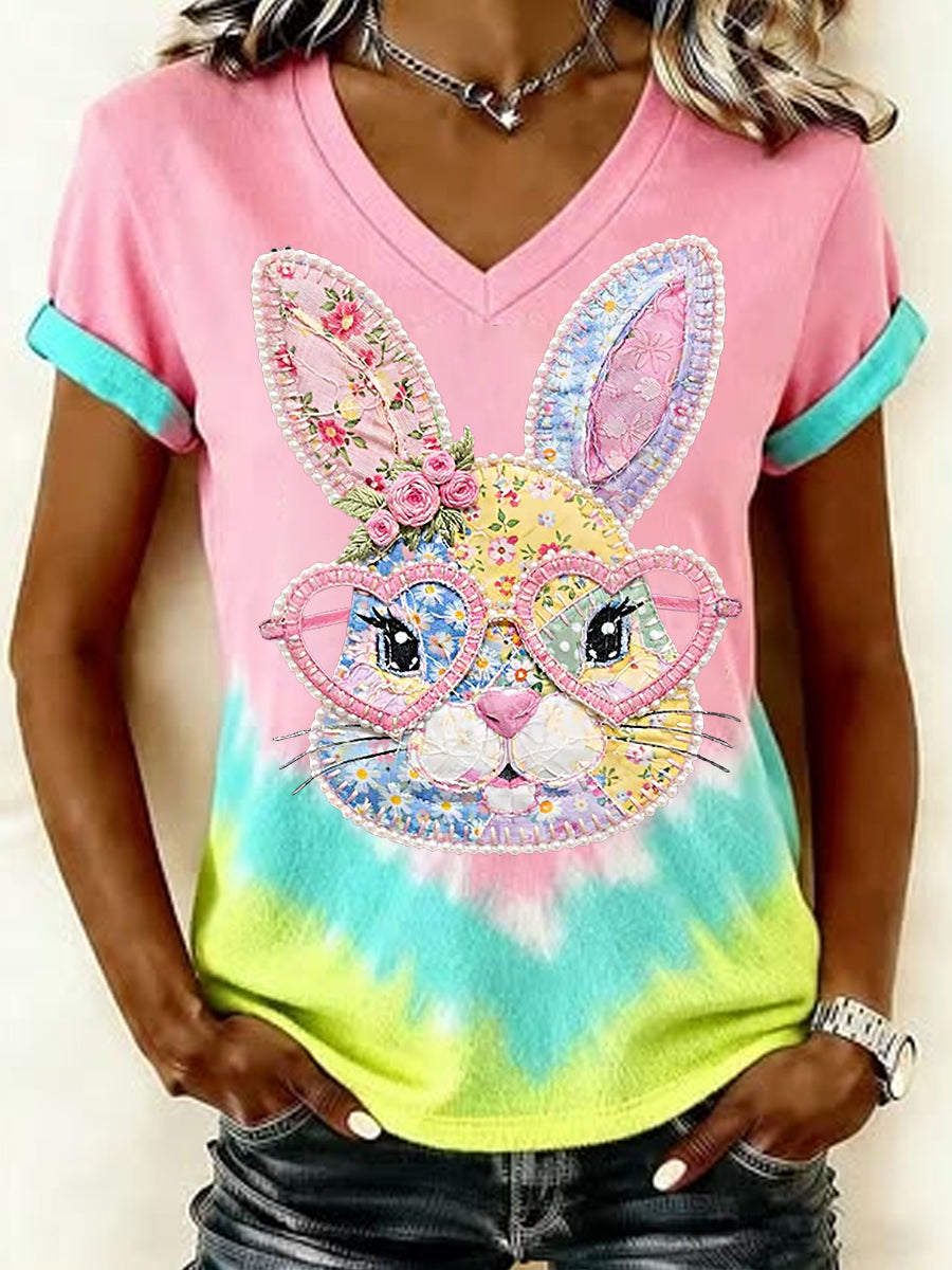 Women's Easter Floral Bunny Patchwork Print Casual V-Neck Tee