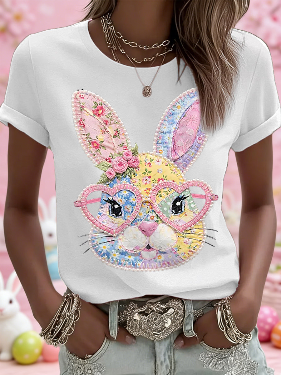 Women's Easter Floral Bunny Patchwork Print Casual Tee