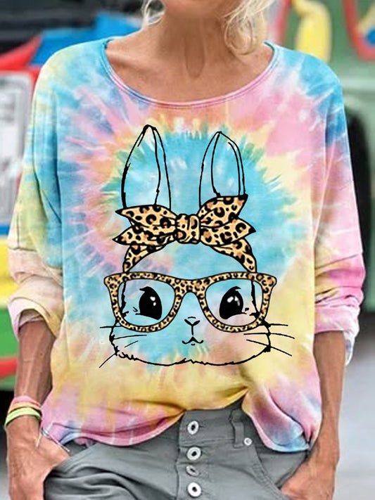 Women's CuteEaster Cute Leopard Bunny Print Casual Long-Sleeve Top