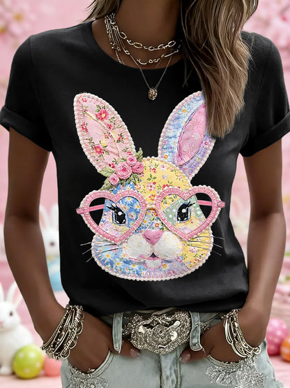 Women's Easter Floral Bunny Patchwork Print Casual Tee