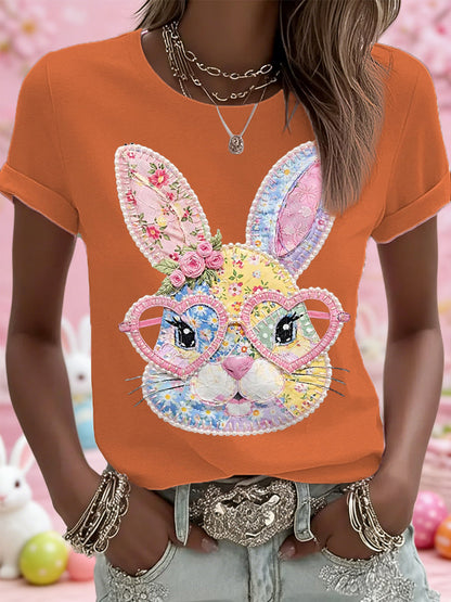 Women's Easter Floral Bunny Patchwork Print Casual Tee