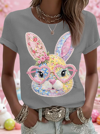 Women's Easter Floral Bunny Patchwork Print Casual Tee