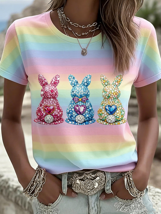 Easter Bunny Animal Printed Vintage Fashion Loose Short Sleeve T-Shirt