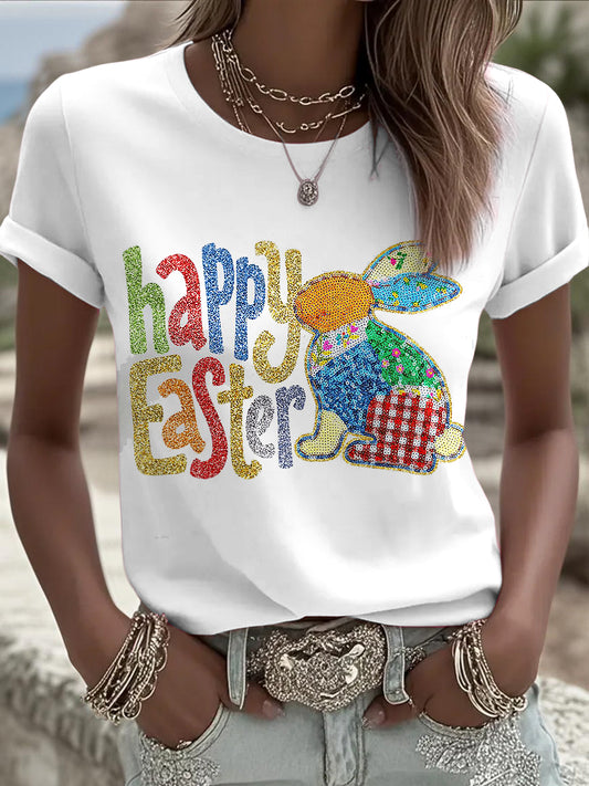 Easter Bunny Animal Printed Vintage Fashion Loose Short Sleeve T-Shirt