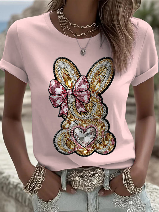Easter Bunny Animal Printed Vintage Fashion Loose Short Sleeve T-Shirt