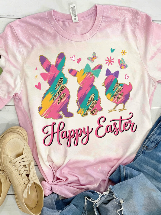 Women's Easter Bunny Animal Printed Vintage Fashion Loose Short Sleeve T-Shirt