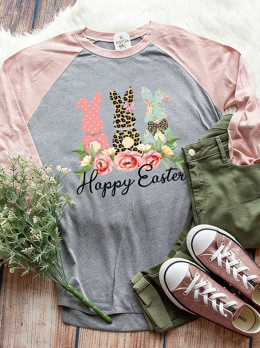 Women's Easter Bunny Animal Print Crew Neck Raglan Sleeve T-Shirt