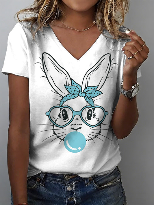 Women's Easter Bunny Animal Print V-Neck T-Shirt