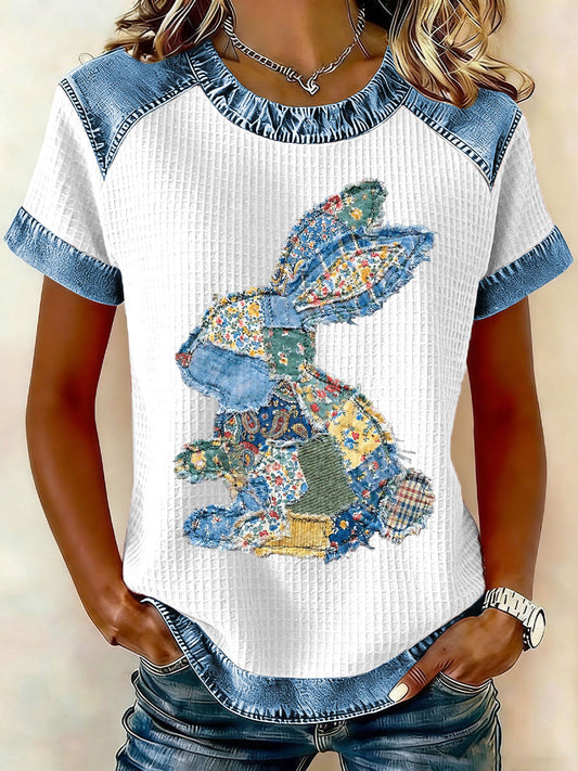 Women's Rabbit Patchwork Art Print Casual T-Shirt