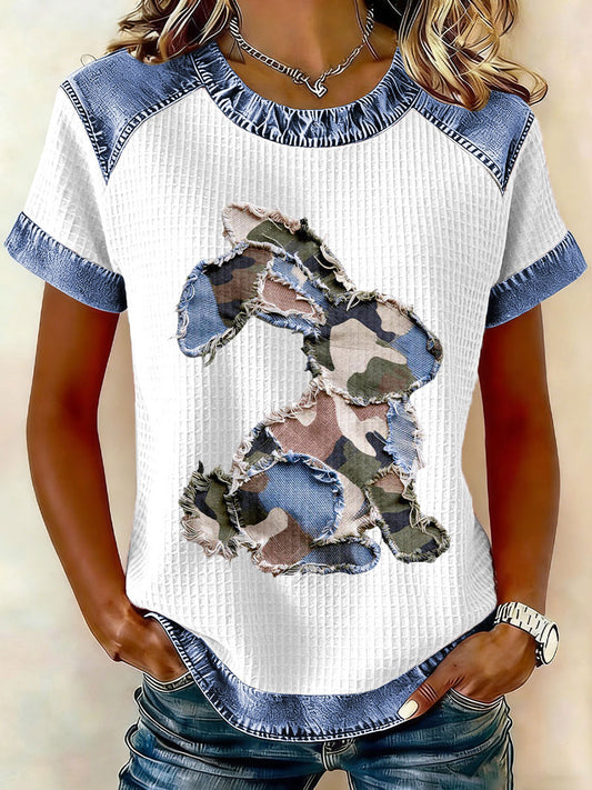 Women's Rabbit Patchwork Art Print Casual T-Shirt