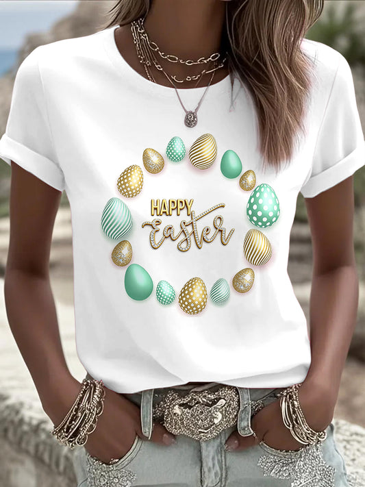 Women's White Easter Egg Print Casual T-Shirt