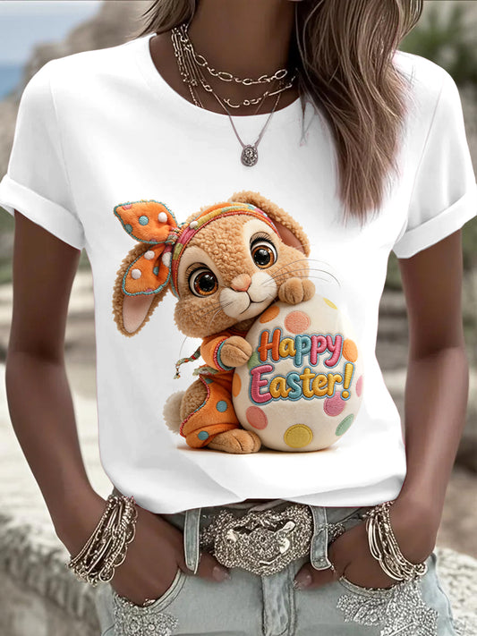 Women's White Easter Bunny Egg Print Casual T-Shirt