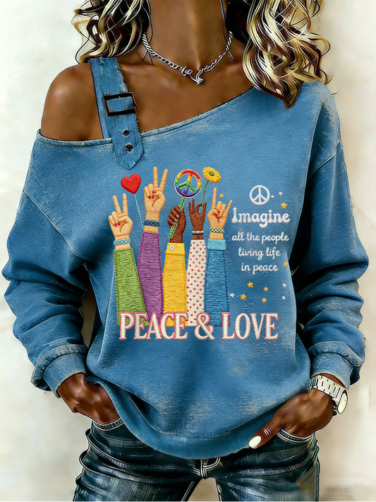Women's Imagine All The People Living Life In Peace Print Off-Shoulder Top