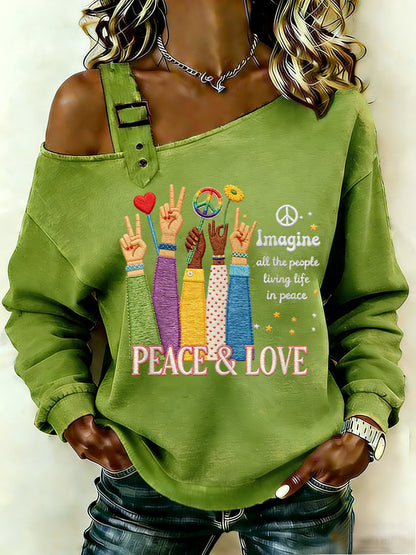 Women's Imagine All The People Living Life In Peace Print Off-Shoulder Top