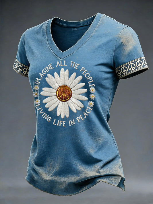 Women's Imagine All The People Living Life In Peace Print V-Neck Tee