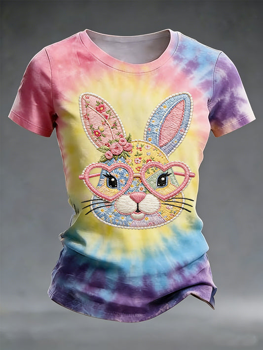 Women's Easter Cute Bunny Tie-Dye Print Casual Tee